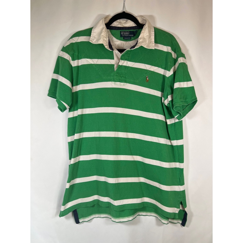 VNG Polo Ralph Lauren Mens XL Green White Striped Quilted Rugby Shirt Custom Fit